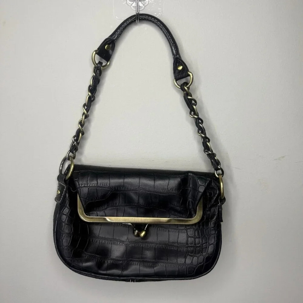 Tommy Hilfiger Vintage Faux Crocodile Leather Black Purse Fold Over Logo Brass